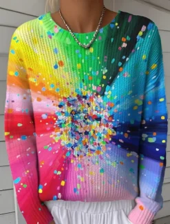 Best Women's Sweater Cute Streetwear Casual Graphic Geometric Rainbow Crew Neck Patchwork Knitted Long Sleeve Regular Tops Knit Work Red Blue Fall Winter Women Pullovers & Tops
