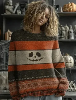 Best Women's Sweater Cute Streetwear Casual Graphic Animal Crew Neck Patchwork Knitted Long Sleeve Regular Tops Knit Work Halloween Orange Brown Fall Winter Women Pullovers & Tops
