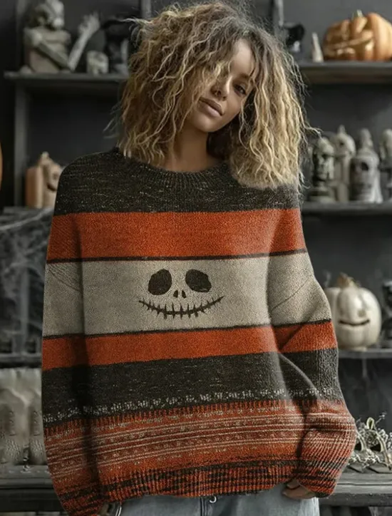 Best Women's Sweater Cute Streetwear Casual Graphic Animal Crew Neck Patchwork Knitted Long Sleeve Regular Tops Knit Work Halloween Orange Brown Fall Winter Women Pullovers & Tops