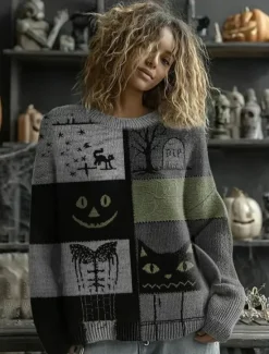 Best Women's Sweater Cute Streetwear Casual Graphic Animal Crew Neck Patchwork Knitted Long Sleeve Regular Tops Knit Work Halloween Orange Brown Fall Winter Women Pullovers & Tops