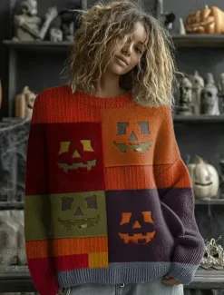Best Women's Sweater Cute Streetwear Casual Graphic Animal Crew Neck Patchwork Knitted Long Sleeve Regular Tops Knit Work Halloween Orange Brown Fall Winter Women Pullovers & Tops
