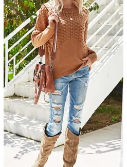 Best Women's Sweater Daily Casual Solid Color Crew Neck Knitted Textured Long Sleeve Long Tops Knit Home Work Weekend Red Brown Fall Winter Women Pullovers & Tops