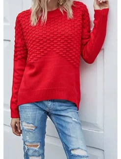 Best Women's Sweater Daily Casual Solid Color Crew Neck Knitted Textured Long Sleeve Long Tops Knit Home Work Weekend Red Brown Fall Winter Women Pullovers & Tops