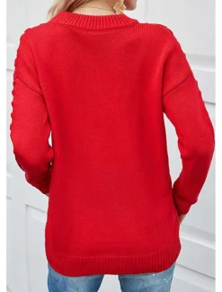 Best Women's Sweater Daily Casual Solid Color Crew Neck Knitted Textured Long Sleeve Long Tops Knit Home Work Weekend Red Brown Fall Winter Women Pullovers & Tops