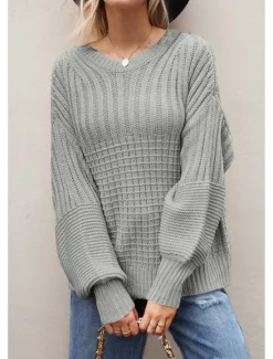 Sale Women's Sweater Daily Casual Pure Color Crew Neck Knitted Textured Lantern Sleeve Long Sleeve Long Tops Knit Formal Home Work Green Khaki Fall Winter Women Pullovers & Tops