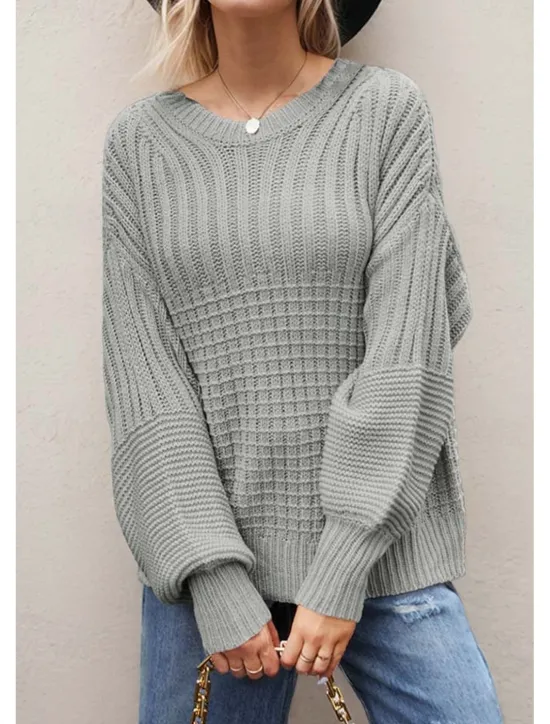 Sale Women's Sweater Daily Casual Pure Color Crew Neck Knitted Textured Lantern Sleeve Long Sleeve Long Tops Knit Formal Home Work Green Khaki Fall Winter Women Pullovers & Tops