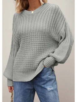 Sale Women's Sweater Daily Casual Pure Color Crew Neck Knitted Textured Lantern Sleeve Long Sleeve Long Tops Knit Formal Home Work Green Khaki Fall Winter Women Pullovers & Tops