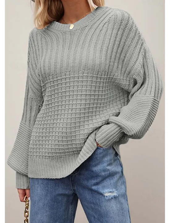 Sale Women's Sweater Daily Casual Pure Color Crew Neck Knitted Textured Lantern Sleeve Long Sleeve Long Tops Knit Formal Home Work Green Khaki Fall Winter Women Pullovers & Tops