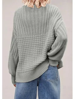 Sale Women's Sweater Daily Casual Pure Color Crew Neck Knitted Textured Lantern Sleeve Long Sleeve Long Tops Knit Formal Home Work Green Khaki Fall Winter Women Pullovers & Tops