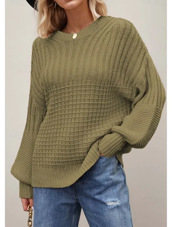 Sale Women's Sweater Daily Casual Pure Color Crew Neck Knitted Textured Lantern Sleeve Long Sleeve Long Tops Knit Formal Home Work Green Khaki Fall Winter Women Pullovers & Tops