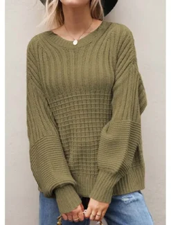 Sale Women's Sweater Daily Casual Pure Color Crew Neck Knitted Textured Lantern Sleeve Long Sleeve Long Tops Knit Formal Home Work Green Khaki Fall Winter Women Pullovers & Tops