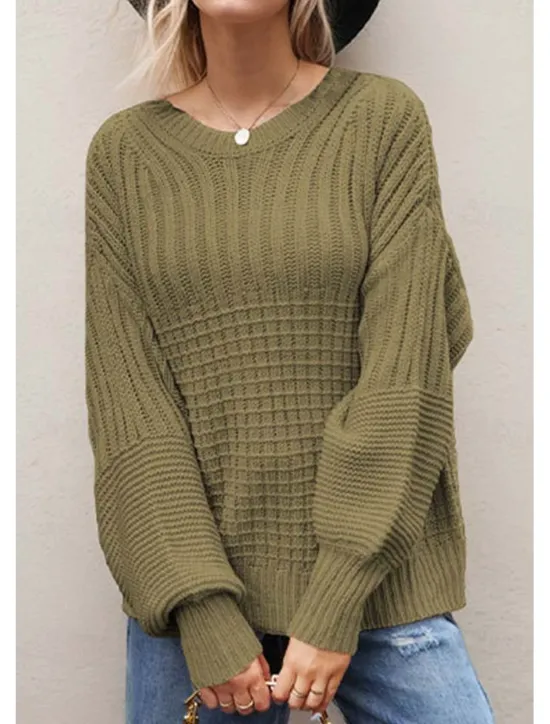 Sale Women's Sweater Daily Casual Pure Color Crew Neck Knitted Textured Lantern Sleeve Long Sleeve Long Tops Knit Formal Home Work Green Khaki Fall Winter Women Pullovers & Tops