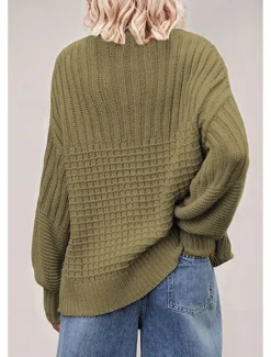 Sale Women's Sweater Daily Casual Pure Color Crew Neck Knitted Textured Lantern Sleeve Long Sleeve Long Tops Knit Formal Home Work Green Khaki Fall Winter Women Pullovers & Tops