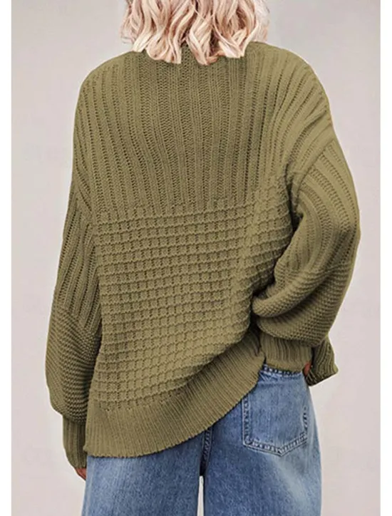 Sale Women's Sweater Daily Casual Pure Color Crew Neck Knitted Textured Lantern Sleeve Long Sleeve Long Tops Knit Formal Home Work Green Khaki Fall Winter Women Pullovers & Tops