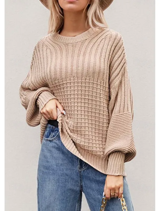 Sale Women's Sweater Daily Casual Pure Color Crew Neck Knitted Textured Lantern Sleeve Long Sleeve Long Tops Knit Formal Home Work Green Khaki Fall Winter Women Pullovers & Tops