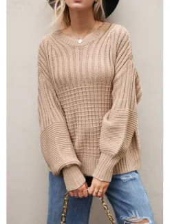 Sale Women's Sweater Daily Casual Pure Color Crew Neck Knitted Textured Lantern Sleeve Long Sleeve Long Tops Knit Formal Home Work Green Khaki Fall Winter Women Pullovers & Tops