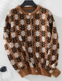 Best Women's Sweater Daily Casual Graphic Print Open Front Floral Knitted Long Sleeve Regular Tops Knit Home Work Brown Gray Fall Winter Women Cardigans & Outerwears|Pullovers & Tops