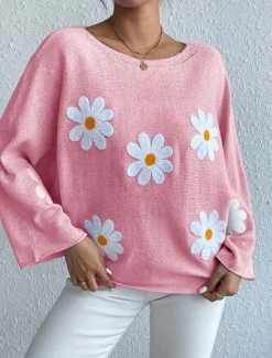 New Women's Sweater Daily Casual Floral Graphic Print Crew Neck Knitted Long Sleeve Long Tops Knit Home Work Daily Pink Blue Fall Winter Women Pullovers & Tops