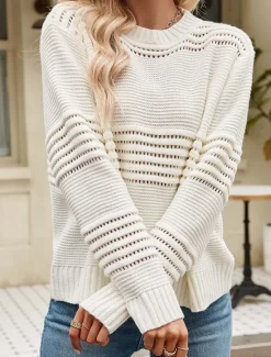Outlet Women's Sweater Daily Casual Solid Color Crew Neck Hollow Out Crewneck Long Sleeve Regular Tops Knit Formal Work Weekend White Pink Fall Winter Women Pullovers & Tops