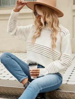Outlet Women's Sweater Daily Casual Solid Color Crew Neck Hollow Out Crewneck Long Sleeve Regular Tops Knit Formal Work Weekend White Pink Fall Winter Women Pullovers & Tops
