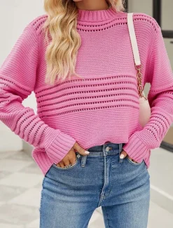 Outlet Women's Sweater Daily Casual Solid Color Crew Neck Hollow Out Crewneck Long Sleeve Regular Tops Knit Formal Work Weekend White Pink Fall Winter Women Pullovers & Tops