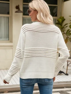 Outlet Women's Sweater Daily Casual Solid Color Crew Neck Hollow Out Crewneck Long Sleeve Regular Tops Knit Formal Work Weekend White Pink Fall Winter Women Pullovers & Tops