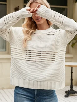 Outlet Women's Sweater Daily Casual Solid Color Crew Neck Hollow Out Crewneck Long Sleeve Regular Tops Knit Formal Work Weekend White Pink Fall Winter Women Pullovers & Tops