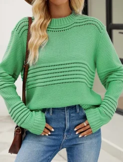 Outlet Women's Sweater Daily Casual Solid Color Crew Neck Hollow Out Crewneck Long Sleeve Regular Tops Knit Formal Work Weekend White Pink Fall Winter Women Pullovers & Tops