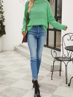 Outlet Women's Sweater Daily Casual Solid Color Crew Neck Hollow Out Crewneck Long Sleeve Regular Tops Knit Formal Work Weekend White Pink Fall Winter Women Pullovers & Tops