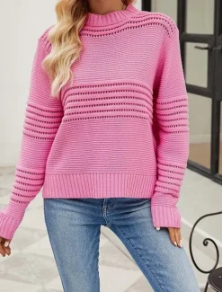 Outlet Women's Sweater Daily Casual Solid Color Crew Neck Hollow Out Crewneck Long Sleeve Regular Tops Knit Formal Work Weekend White Pink Fall Winter Women Pullovers & Tops