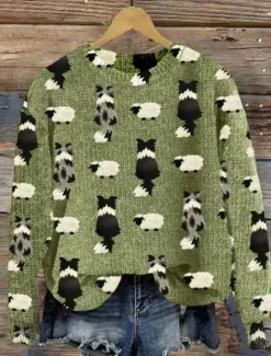 Best Women's Sweater Daily Graphic Animal Ribbed Crew Neck Print Drop Shoulder Long Sleeve Regular Tops Knit Formal Weekend Fall Winter Women Pullovers & Tops