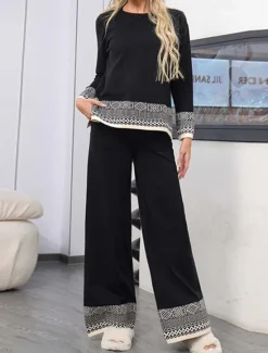 New Women's Sweater Daily Solid Color Geometric Boat Neck Knitted Long Sleeve Regular Tops Knit Work Red Brown Black Fall Winter Women Sweater Co-Ords