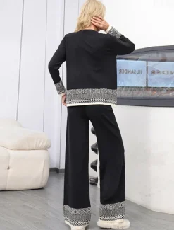 New Women's Sweater Daily Solid Color Geometric Boat Neck Knitted Long Sleeve Regular Tops Knit Work Red Brown Black Fall Winter Women Sweater Co-Ords