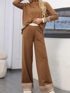New Women's Sweater Daily Solid Color Geometric Boat Neck Knitted Long Sleeve Regular Tops Knit Work Red Brown Black Fall Winter Women Sweater Co-Ords