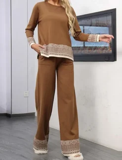 New Women's Sweater Daily Solid Color Geometric Boat Neck Knitted Long Sleeve Regular Tops Knit Work Red Brown Black Fall Winter Women Sweater Co-Ords