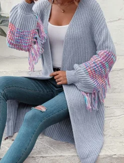 Women's Sweater Daily Solid Color Shirt Collar Tassel Long Sleeve Long Tops Knit Home Work Black Pink Fall Winter Women Cardigans & Outerwears