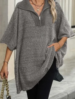 Outlet Women's Sweater Deep V Knit Quarter Zip Fall Winter Daily Casual Half Sleeve Solid Color Black White Women Pullovers & Tops