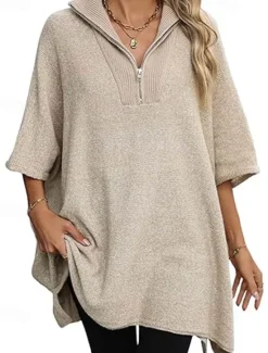 Outlet Women's Sweater Deep V Knit Quarter Zip Fall Winter Daily Casual Half Sleeve Solid Color Black White Women Pullovers & Tops