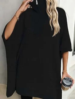 Outlet Women's Sweater Deep V Knit Quarter Zip Fall Winter Daily Casual Half Sleeve Solid Color Black White Women Pullovers & Tops