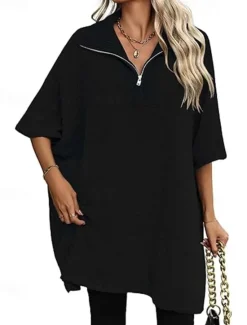 Outlet Women's Sweater Deep V Knit Quarter Zip Fall Winter Daily Casual Half Sleeve Solid Color Black White Women Pullovers & Tops