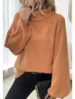 Hot Women's Sweater Elegant Casual Soft Pure Color Ribbed Turtleneck Knitted Long Sleeve Regular Tops Knit Outdoor Daily Weekend Fall Winter Women Pullovers & Tops