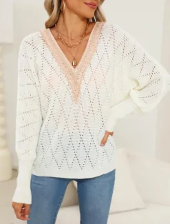 New Women's Sweater Elegant Daily Solid Color V Neck Lace Patchwork Long Sleeve Regular Tops Knit Home Work Black White Fall Winter Women Pullovers & Tops