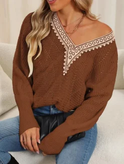 New Women's Sweater Elegant Daily Solid Color V Neck Lace Patchwork Long Sleeve Regular Tops Knit Home Work Black White Fall Winter Women Pullovers & Tops