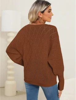 New Women's Sweater Elegant Daily Solid Color V Neck Lace Patchwork Long Sleeve Regular Tops Knit Home Work Black White Fall Winter Women Pullovers & Tops