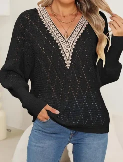 New Women's Sweater Elegant Daily Solid Color V Neck Lace Patchwork Long Sleeve Regular Tops Knit Home Work Black White Fall Winter Women Pullovers & Tops