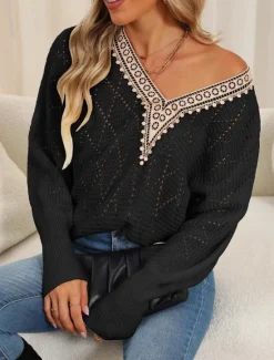 New Women's Sweater Elegant Daily Solid Color V Neck Lace Patchwork Long Sleeve Regular Tops Knit Home Work Black White Fall Winter Women Pullovers & Tops