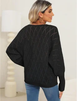 New Women's Sweater Elegant Daily Solid Color V Neck Lace Patchwork Long Sleeve Regular Tops Knit Home Work Black White Fall Winter Women Pullovers & Tops