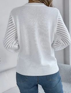 Outlet Women's Sweater Elegant Daily Plaid Pure Color Crew Neck Hollow Out Long Sleeve Regular Tops Knit Work White Orange Fall Winter Women Pullovers & Tops