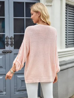 Sale Women's Sweater Elegant Fashion Daily Solid Color V Neck Knitted Textured Long Sleeve Regular Tops Knit Work Pink Red Fall Winter Women Pullovers & Tops