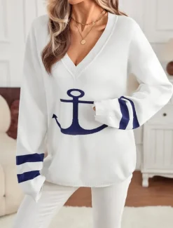 Discount Women's Sweater Elegant Fashion Streetwear Graphic V Neck Knitted Long Sleeve Long Tops Knit Daily Weekend Fall Winter Women Pullovers & Tops